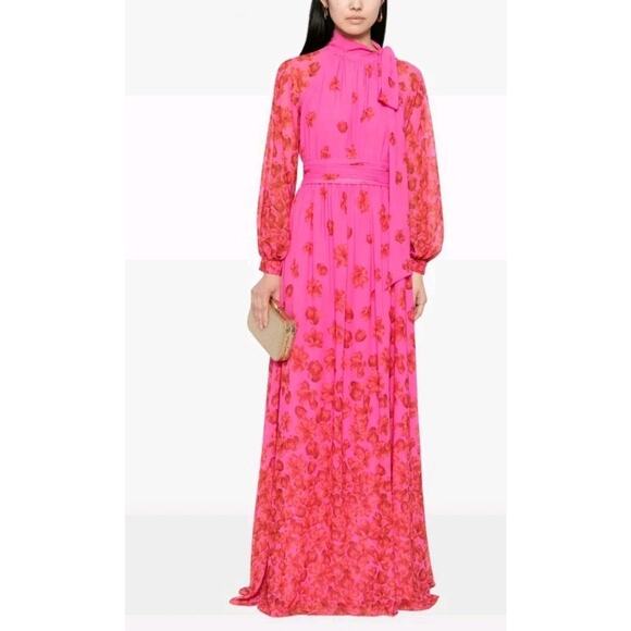 Sachin & BabiVera floral-print chiffon gownPink Red Floral Naxi Dress Sz 0 XS - Picture 6 of 16